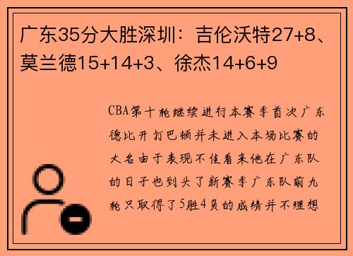 广东35分大胜深圳:吉伦沃特27+8、莫兰德15+14+3、徐杰14+6+9